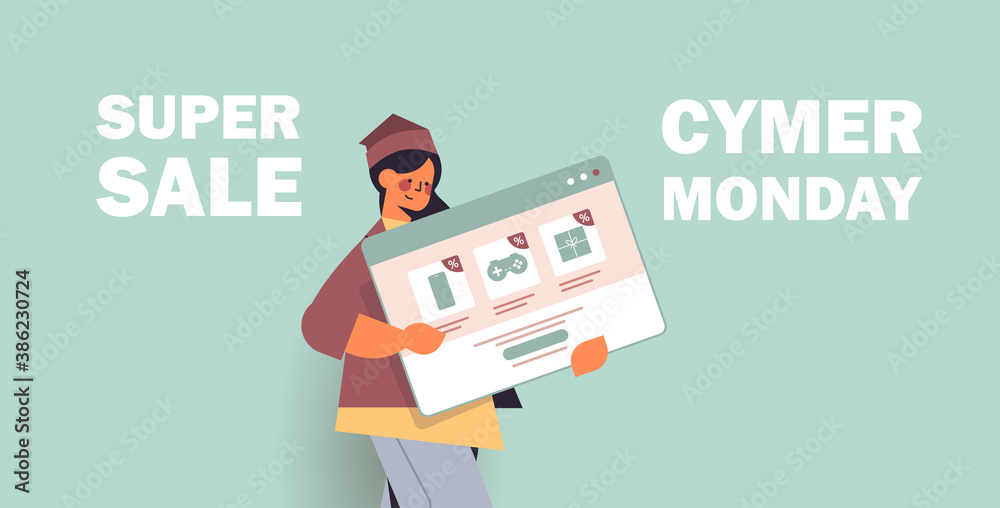 woman holding web browser window online shopping cyber monday sale holiday discounts e-commerce special offer concept portrait horizontal vector illustration woman holding web browser window online shopping cyber monday sale holiday discounts e-commerce special offer concept portrait horizontal vector illustration
