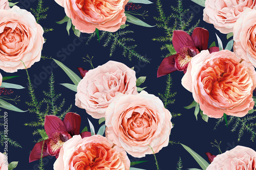 Vector, watercolor seamless floral pattern, textile fabric design. Blush peach, coral Rose flowers, tropical burgundy red orchid, green fern, leaves, eucalyptus. Chic wallpaper on navy blue background