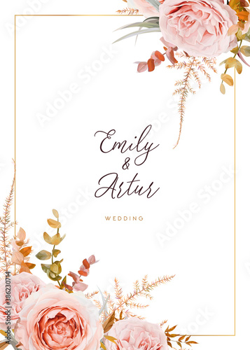 Vector wedding invite card design. Blush peach flowers, ivory white Rose, autumn brown, beige, dusty orange Eucalyptus branches, foliage, asparagus fern leaves decorative bouquet border & golden frame