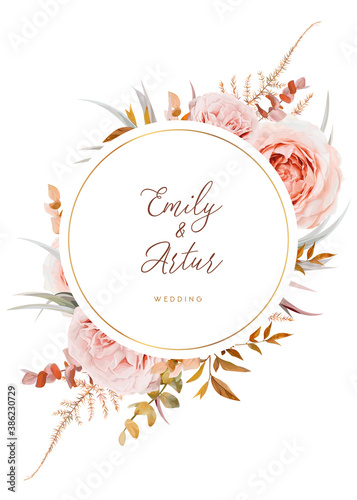 Vector wedding invite, save the date card design. Blush peach rose flowers, autumn brown beige, dusty orange Eucalyptus branches foliage, fern leaves bouquet & luxury golden round frame. Boho template