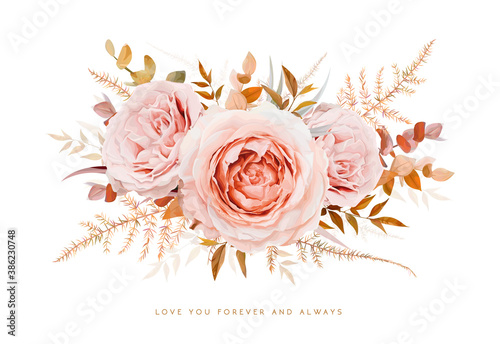 Vector floral bouquet design. Blush peach Roses, taupe, brown beige cream autumn Eucalyptus branches, leaves, fall burnt orange fern. Elegant watercolor wedding invite card decorative isolated element