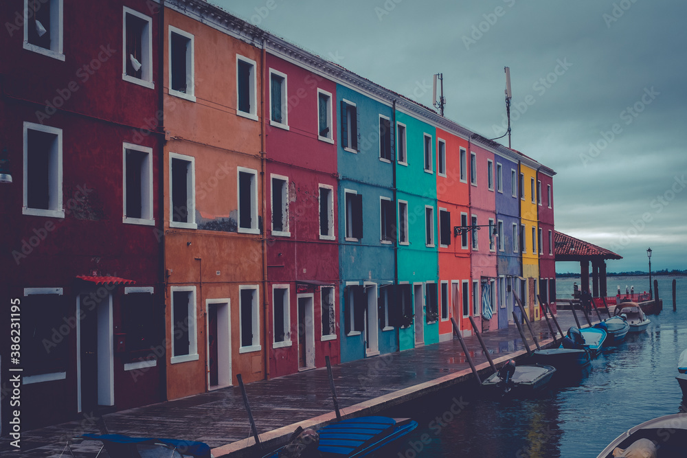 The streets with the colorful houses of Burano in Venice, Italy.