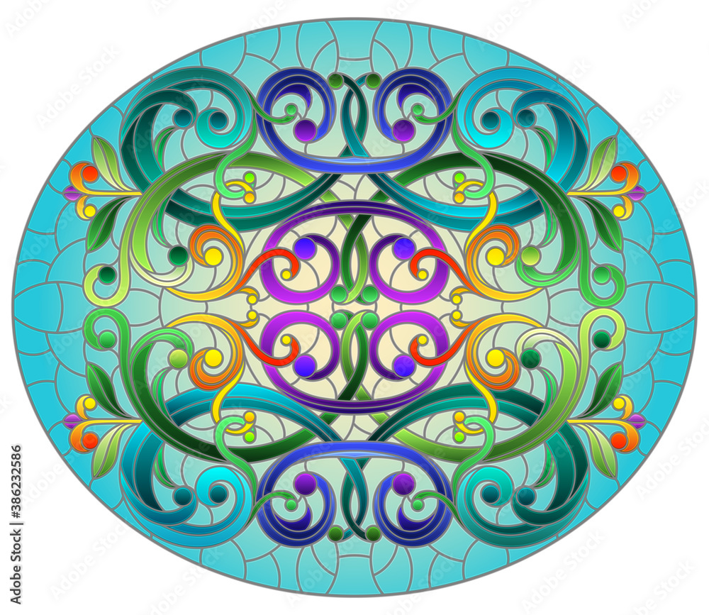 Illustration in stained glass style with abstract  swirls,flowers and leaves  on a yellow background,horizontal orientation, oval image