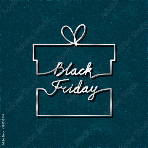 Black Friday Doodle Lettering Combined with Gift Box Shape Outline Silver Metallic Style Logo - Chrome on Decorative Plaster Background - Hand Drawn Design