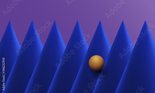 Three dimensional of orange sphere rolling down pink cones. Abstract geometric background.