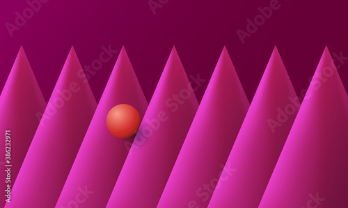 Three dimensional of orange sphere rolling down pink cones. Abstract geometric background.