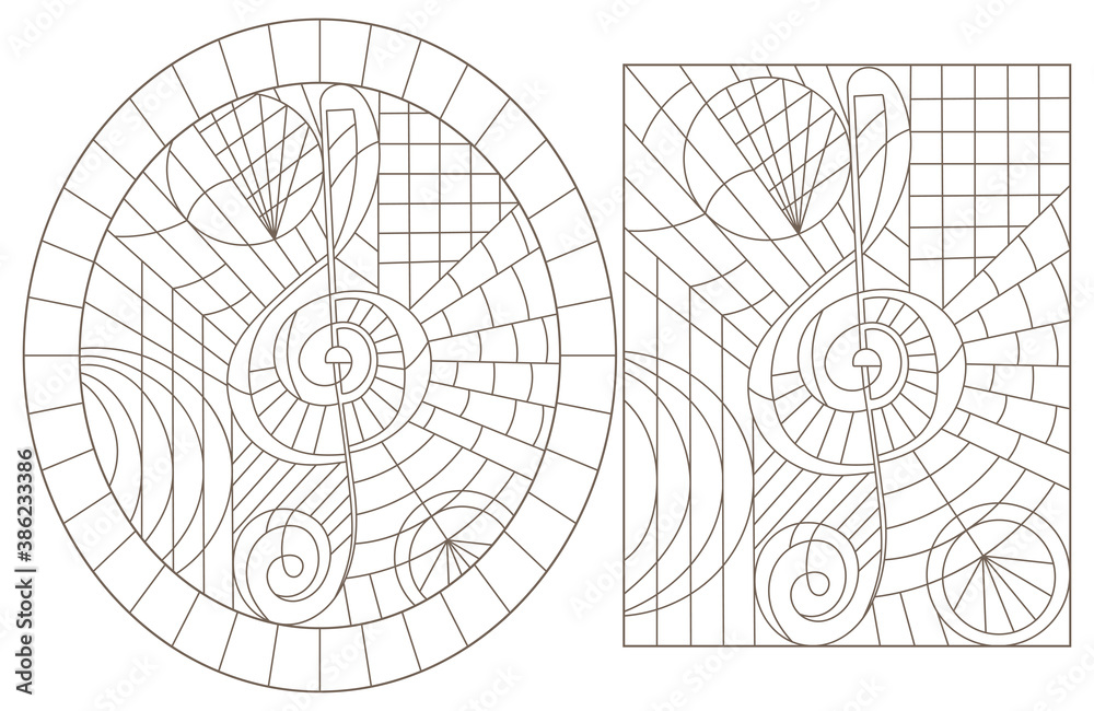 Set of contour illustrations of stained glass Windows with treble keys, oval and rectangular images ,dark contours on a white background
