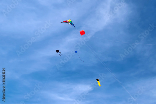 Colorful kites in the blue sky, background.