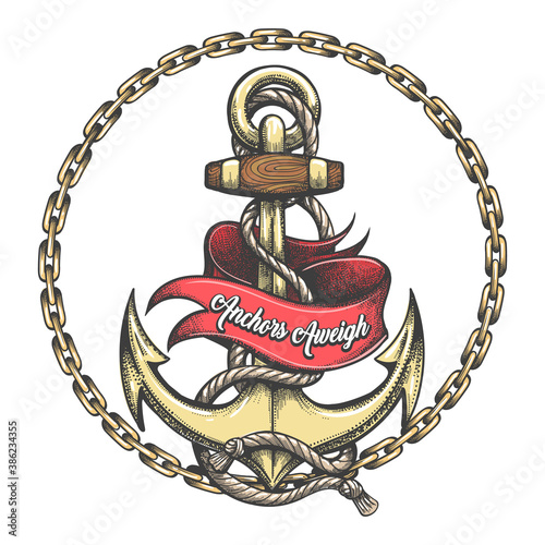 Tattoo of Anchor and Ribbon with Lettering Anchors Aweigh
