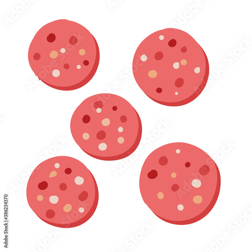 Piece of sausage. Meat food. Kielbasa with fat. Flat cartoon illustration. Polish pork delicacy and ingredient slice