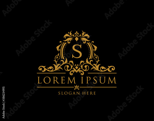 Royal Boutique Badge With S Letter Logo.Classy Elegant Badge design for Boutique, Royalty, Letter Stamp,  Hotel, Heraldic, Jewelry, Wedding.