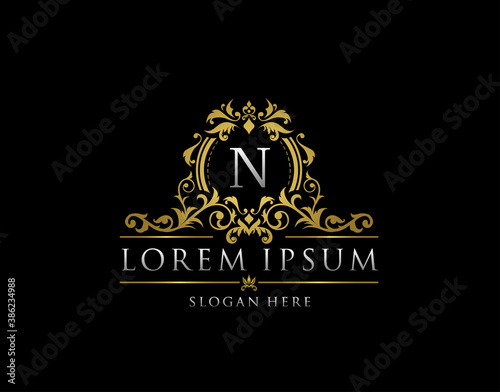 Royal Boutique Badge With N Letter Logo.Classy Elegant Badge design for Boutique, Royalty, Letter Stamp,  Hotel, Heraldic, Jewelry, Wedding.