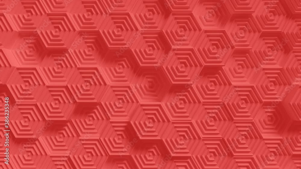 Sculpted Hexagons Surface Loop 1 Light Red: surface of warm red hexagons with ridged texture, moving randomly. Textured hexagons background. Bright coral red animation. Seamless loop. 