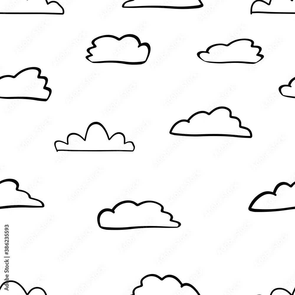 Naklejka Vector black outline illustration of a group of clouds isolated on a white background. Seamless pattern