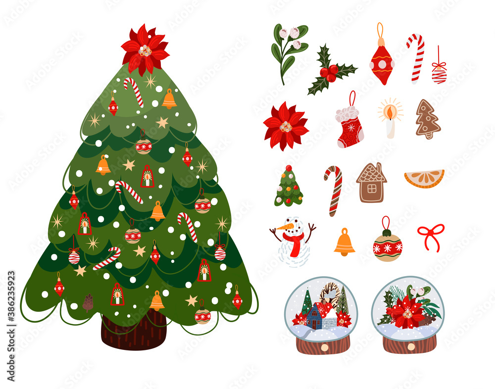 Christmas tree with options for decorations isolated. Vector cartoon flat illustration.