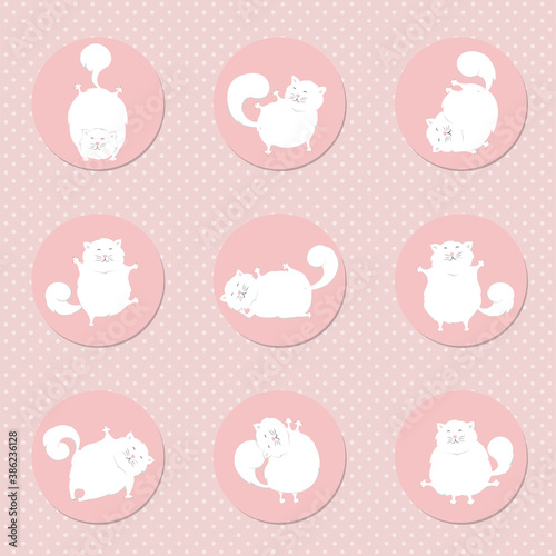 Set of round icons cats yoga . Cute cats doing yoga poses. Vector illustration