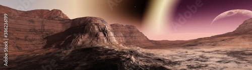 Alien landscape, planet surface at sunset, fantastic landscape, 3d rendering