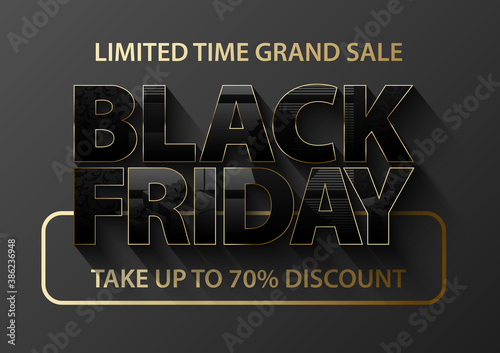 Black Friday vector banner. Glossy black text thin golden frame on dark grey background. Gifts glass effect reflection on letters. Limited time grand sale take up to 70 percent discount gold text