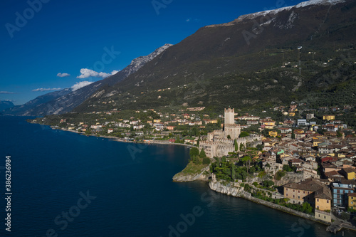 Malcesine town, Lake Garda, Italy. Italian resort on Lake Garda, Monte Baldo. Panoramic aerial view of the Scaliger Castle in Malcesine in Malcesine.