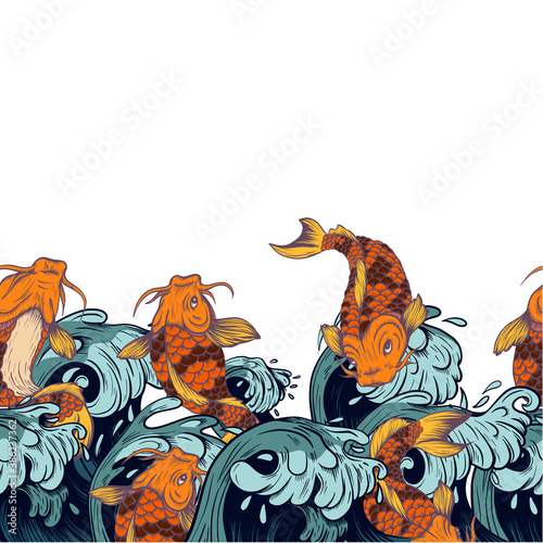 Border with fish koi. Japanese vintage print
