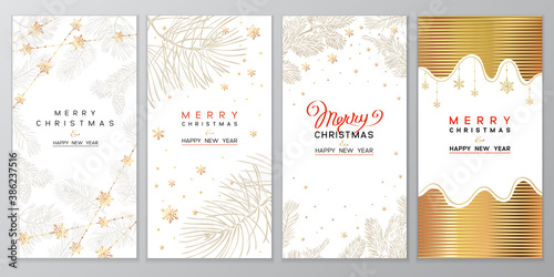 Christmas Poster set of Christmas Background with golden branches of christmas tree.