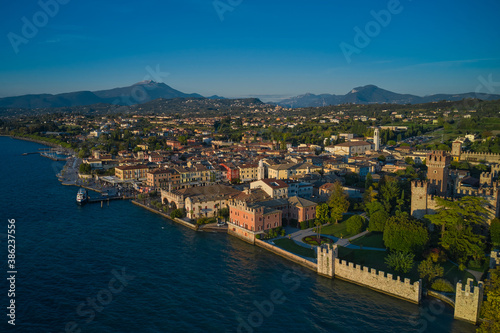 Panoramic aerial view of the Scaligero Castle of Lazise. Italian resort on Lake Garda top view. Lazise town, lake garda, Italy.