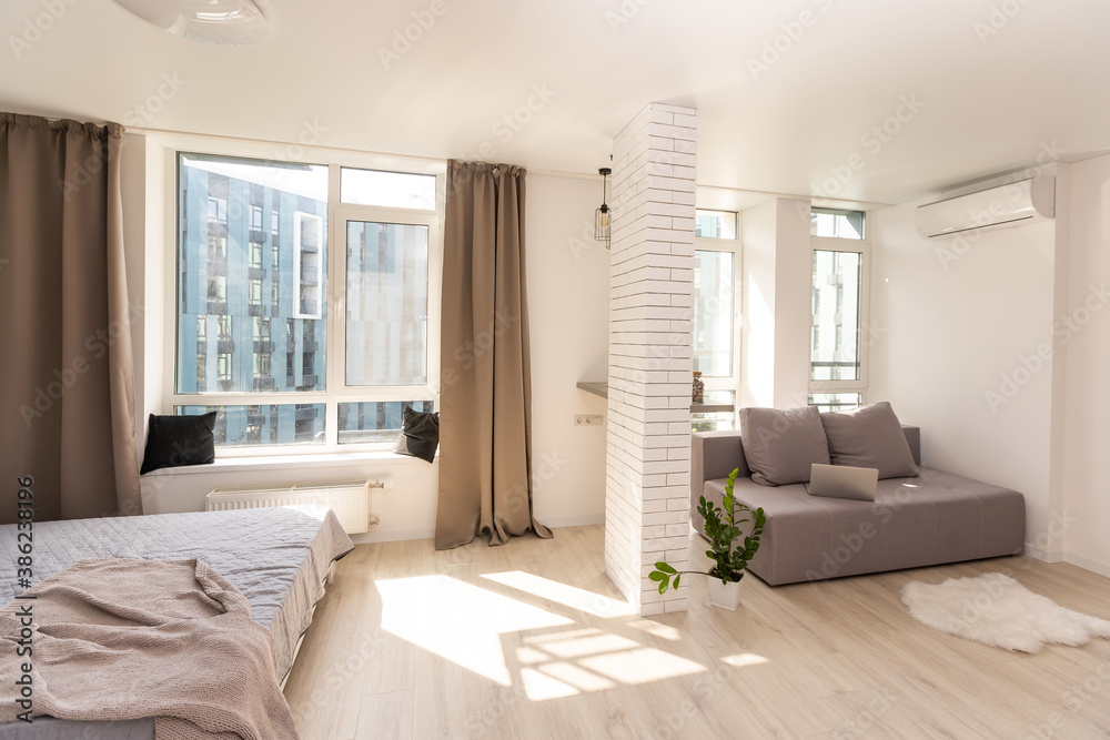 Modern minimalist design of bright living room