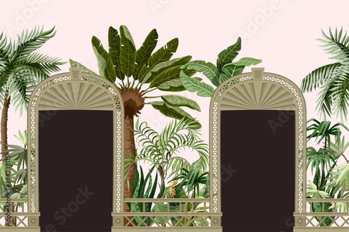 Border with tropical trees and door openings in a garden style. Trendy interior print