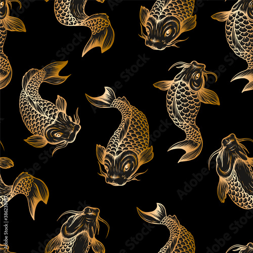Seamless pattern with golden fish koi. Japanese vintage print.