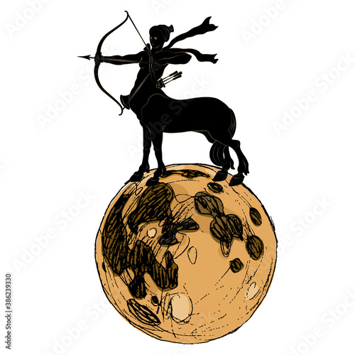 Female archer centaur standing on full moon and shooting bow. Creative mythological concept.
