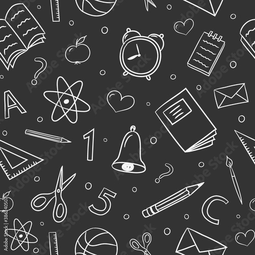 Back to School background. Seamless pattern with funny doodles. Vector