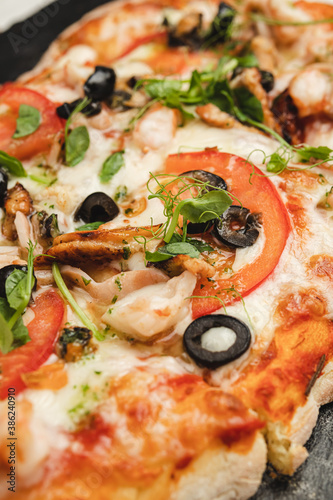 pizza close-up on a blackboard