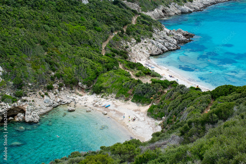 The unique dual beach of Porto Timoni on Corfu island, Greece