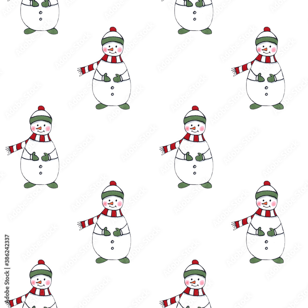 Christmas seamless pattern with snowman on white background. Christmas illustration.