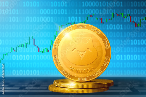 Monacoin cryptocurrency; Monacoin MONA golden coin on the background of the chart