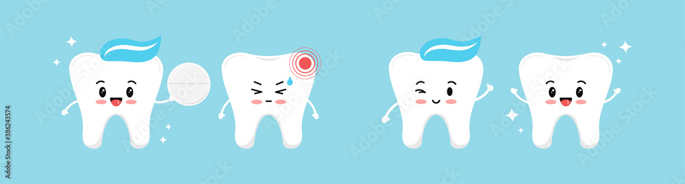 Healthy tooth gives a white pill for a tooth with pain and it is recovering. Flat design cartoon character with dental hurt and pain reliever vector illustration. Teeth cleaning and treatment concept. Healthy tooth gives a white pill for a tooth with pain and it is recovering. Flat design cartoon character with dental hurt and pain reliever vector illustration. Teeth cleaning and treatment concept.