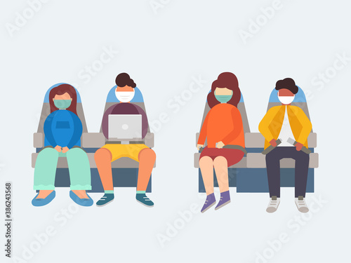 People in medical masks sit on the plane.