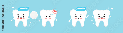 Healthy tooth gives a white pill for a tooth with pain and it is recovering. Flat design cartoon character with dental hurt and pain reliever vector illustration. Teeth cleaning and treatment concept.