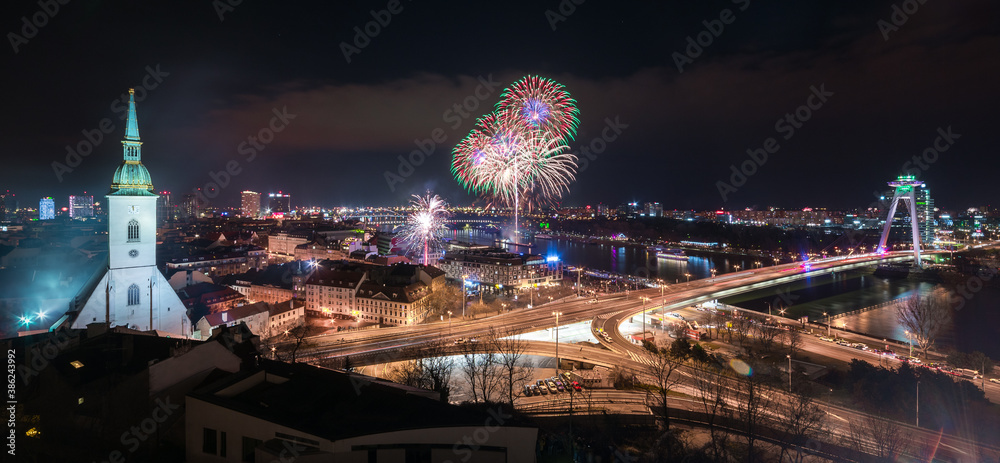 New Year Celebration. Fireworks on Danube River in Bratislava, Slovakia.