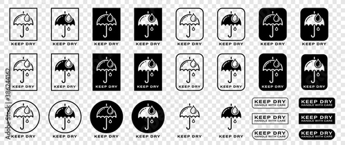 Set of vector badges for marking cargo packaging. Marker - Keep away from moisture. Isolated vector elements.