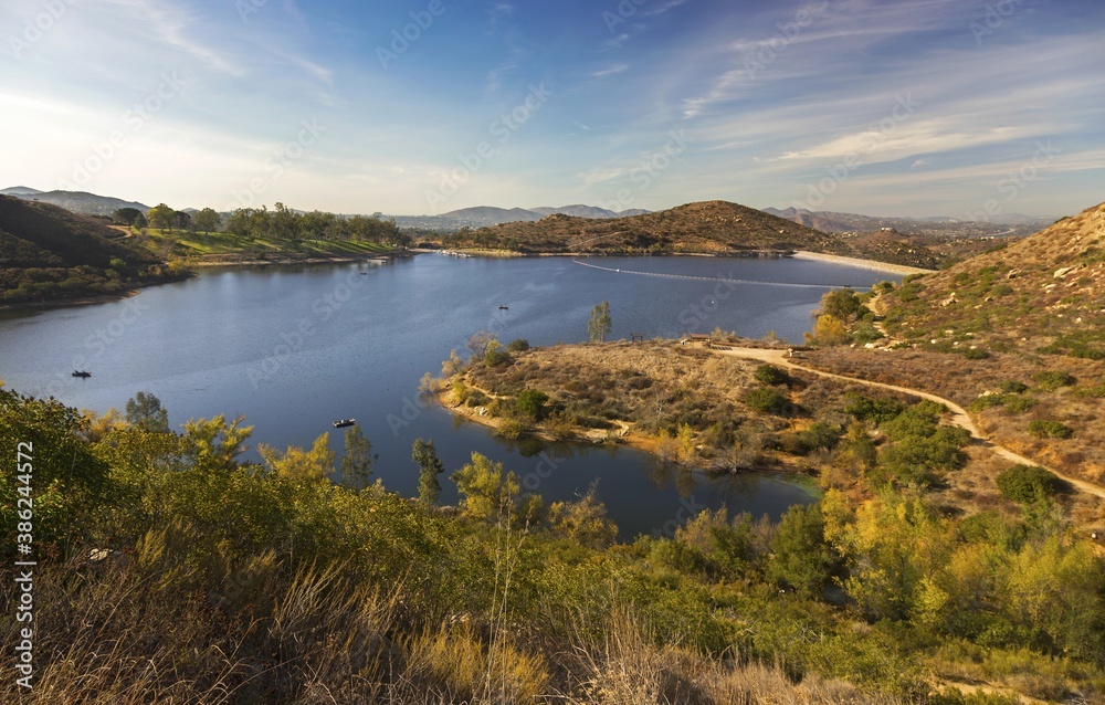 Scenic Landscape View of Lake Poway fishing and recreation area in San Diego North County Inland California USA