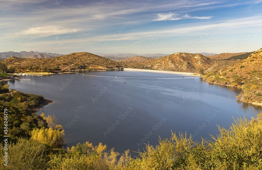 Panoramic Landscape Scenic View of Lake Poway fishing and recreation area in San Diego North County Inland California USA