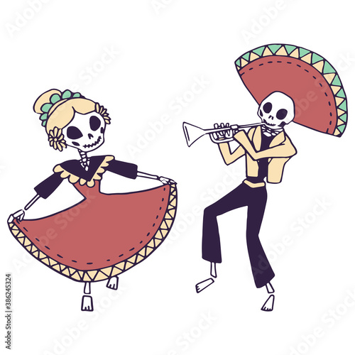 Dancing skeleton tattoo on white isolated backdrop. Day of the dead symbol for invitation or gift card, notebook, bath tile, scrapbook Phone case or cloth print Doodle style stock vector illustration