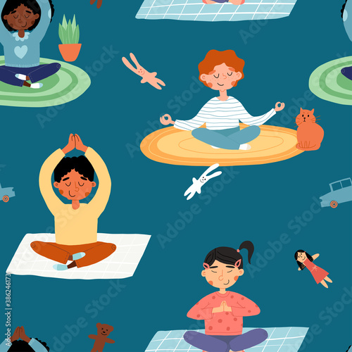 Cute seamless pattern with meditating, doing yoga and breathing exercises in various poses kids on blue background.