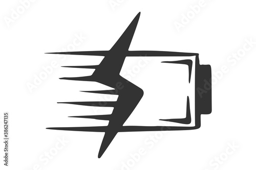 Hand drawn vector of fast charge sign with battery, isolated on white background.