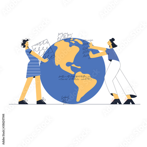 Education, creative writing, content management, news concept. Group of people making research text for publication. Modern flat vector illustration isolated on white background for web page, banner