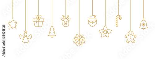Holiday gold baubles with snowflake, santa, christmas tree, reindeer, candy cane, angel, gift box. Christmas hanging on white background. New year card. Party design elements. Vector illustration