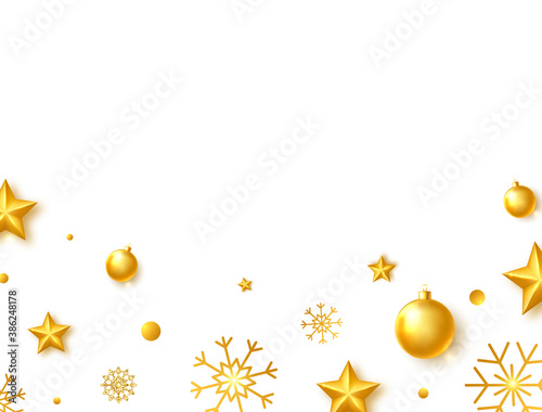 Celebration background with bright gold balls  stars and snowflakes. Luxury Holiday border. Christmas greeting card. Chic New Year frame. Realistic golden glass xmas toys. Vector illustration
