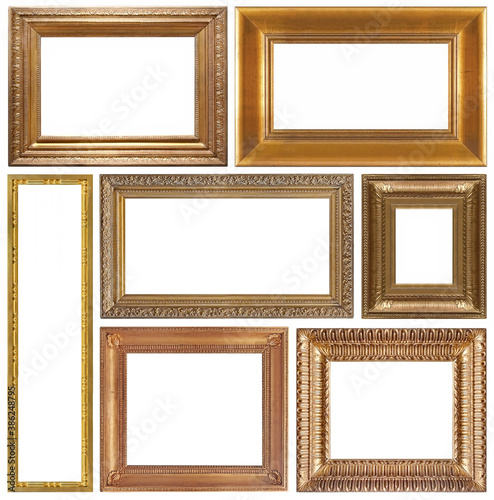 Set of golden frames for paintings, mirrors or photo isolated on white background