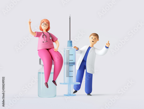 3d render of cartoon characters, two doctors man and woman give advice on vaccination. Medical clip art isolated on white background.